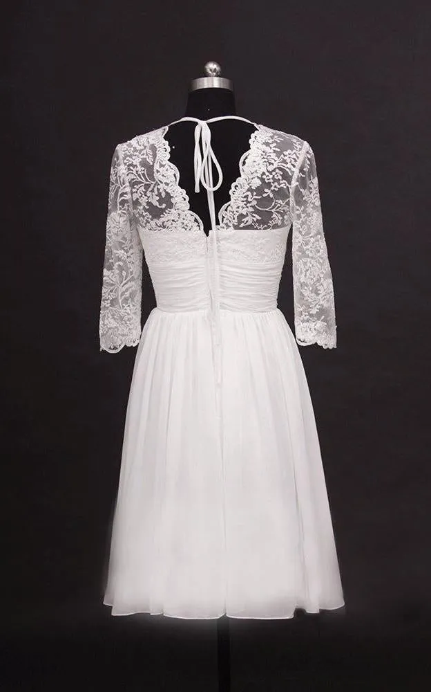 2025 A Line V Neck Long Sleeves Chiffon Knee Length Short Lace Wedding Dresses