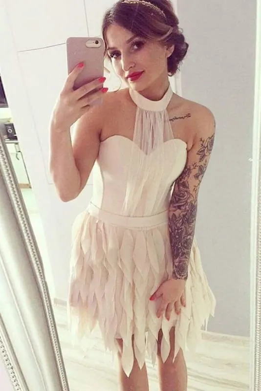 A-Line Halter Backless Short with Ruffles Sexy Mini Homecoming Dress