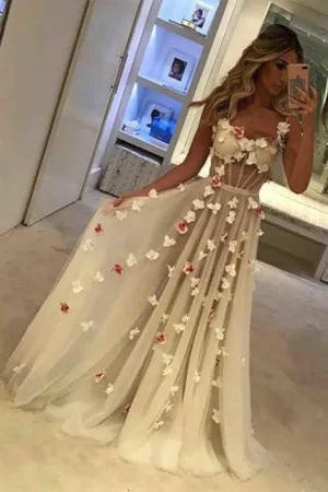 A-line Hand-Made Flower Formal Dress Sexy Sleeveless Straps Prom Gowns with Flowers