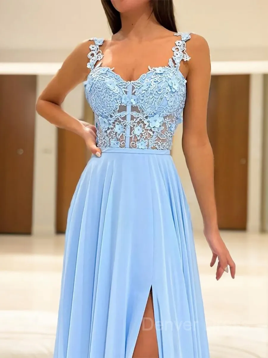 A-Line Straps Sweep Train Chiffon Prom Dresses With Leg Slit