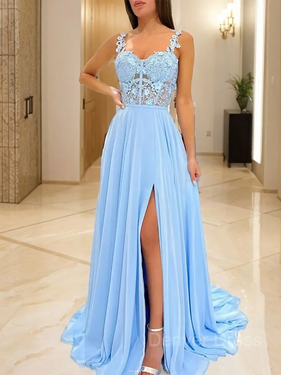 A-Line Straps Sweep Train Chiffon Prom Dresses With Leg Slit