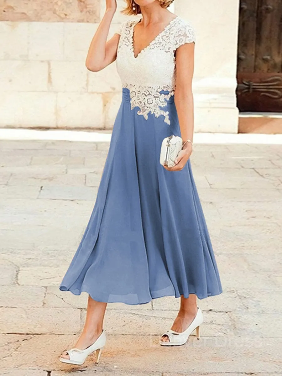 A-Line V-neck Tea-Length Chiffon Mother of the Bride Dresses With Lace Applique
