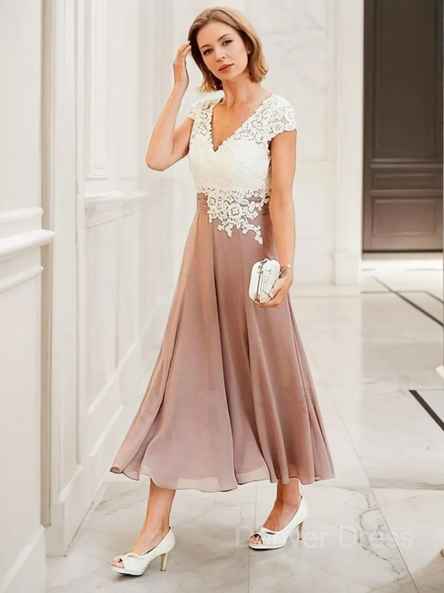A-Line V-neck Tea-Length Chiffon Mother of the Bride Dresses With Lace Applique