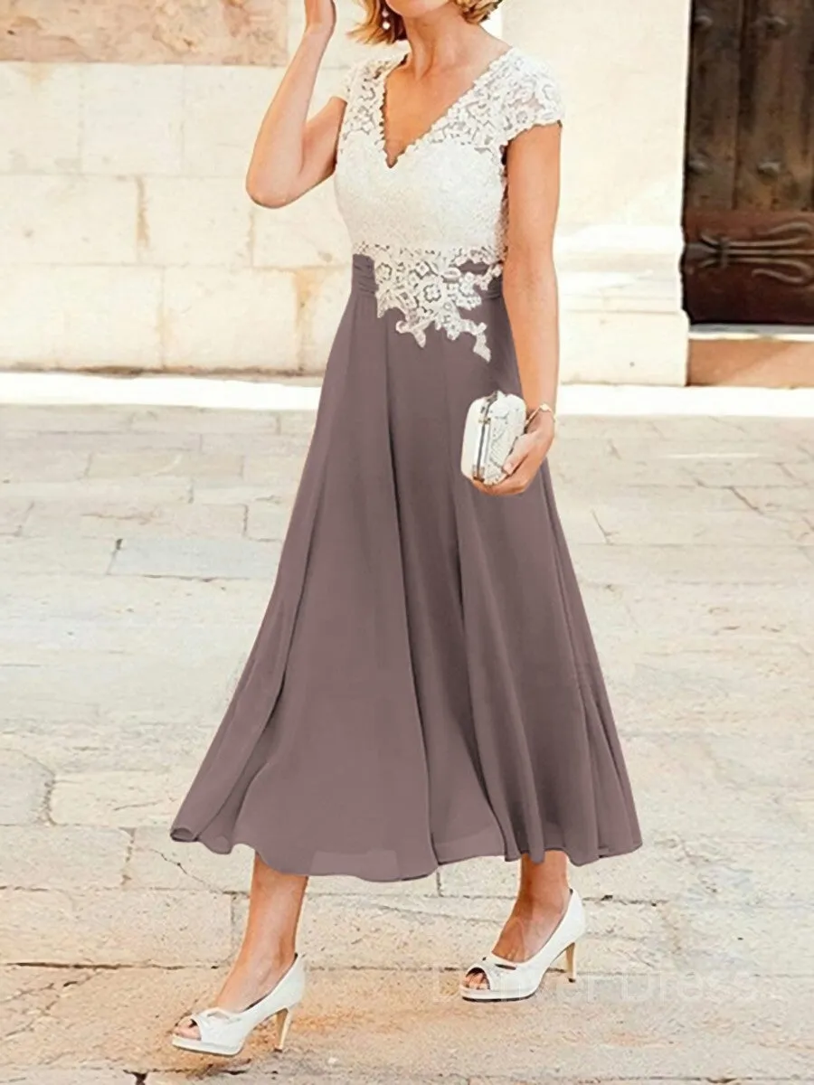 A-Line V-neck Tea-Length Chiffon Mother of the Bride Dresses With Lace Applique