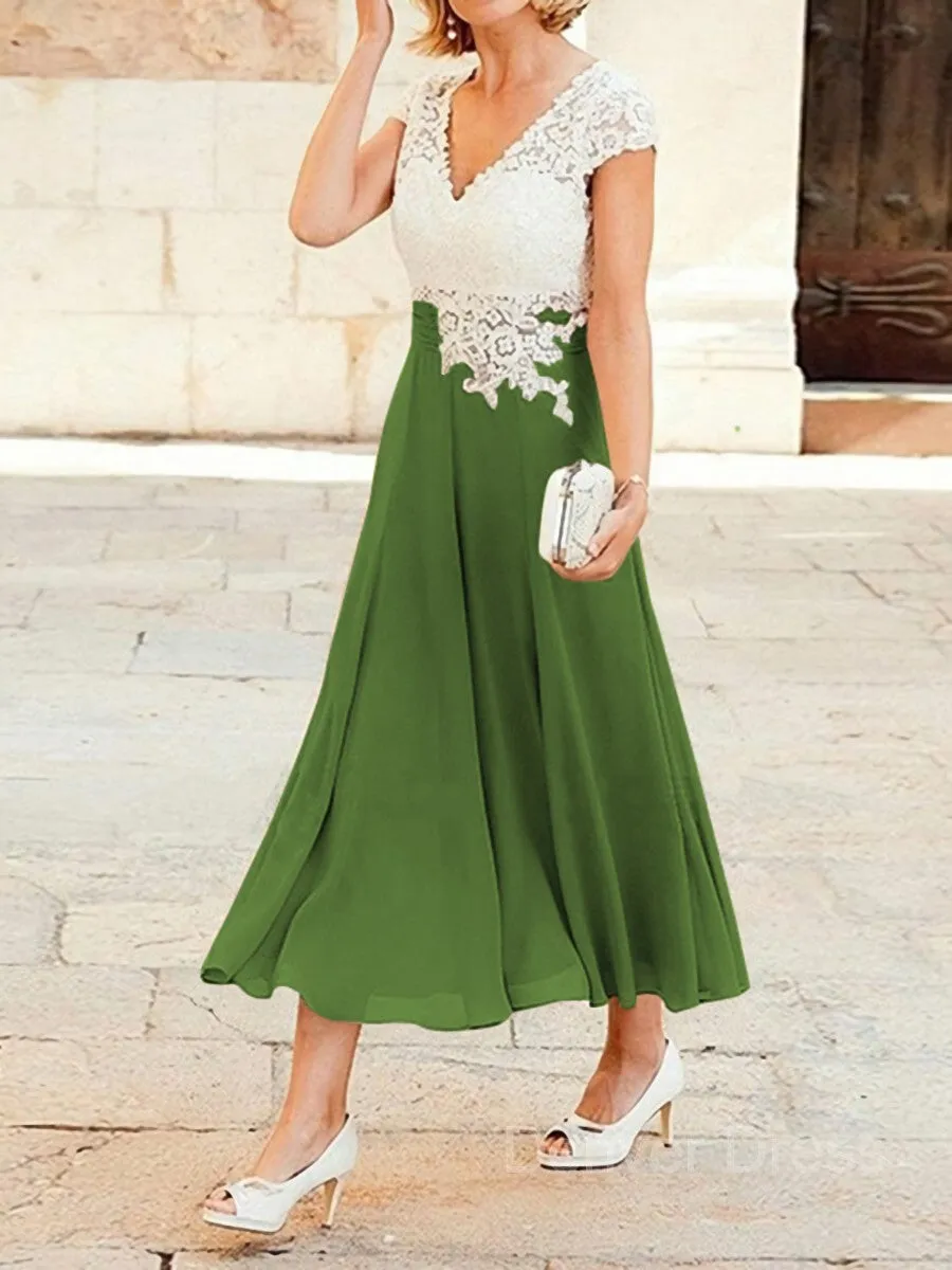 A-Line V-neck Tea-Length Chiffon Mother of the Bride Dresses With Lace Applique