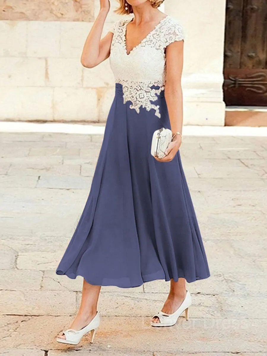 A-Line V-neck Tea-Length Chiffon Mother of the Bride Dresses With Lace Applique