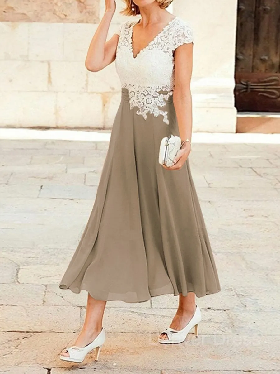 A-Line V-neck Tea-Length Chiffon Mother of the Bride Dresses With Lace Applique