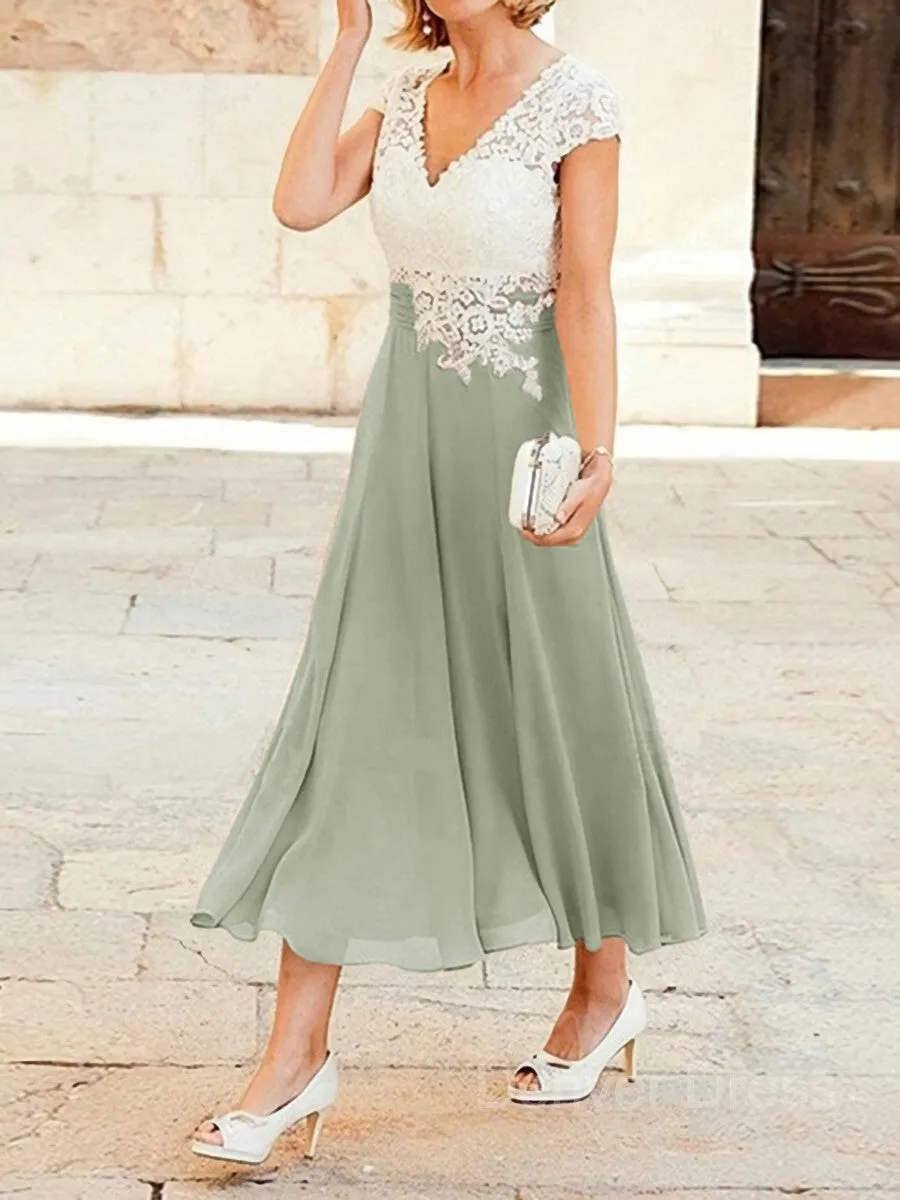 A-Line V-neck Tea-Length Chiffon Mother of the Bride Dresses With Lace Applique