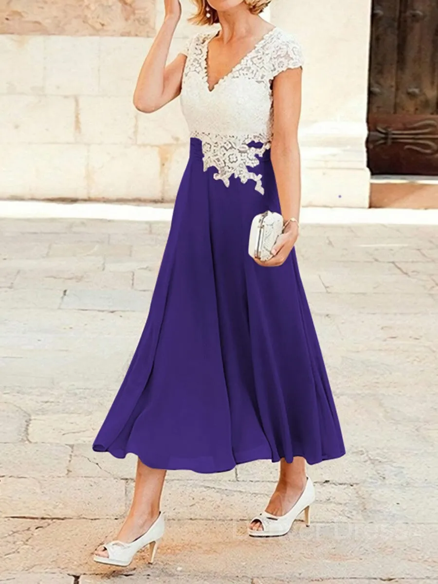 A-Line V-neck Tea-Length Chiffon Mother of the Bride Dresses With Lace Applique