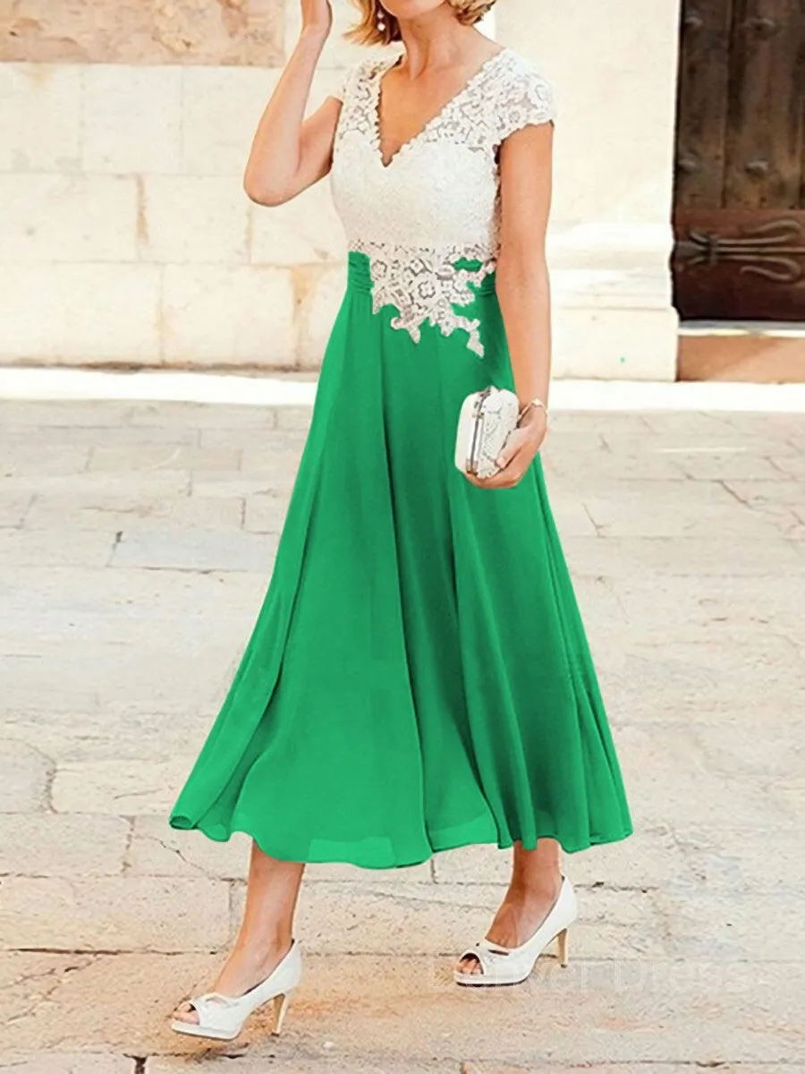 A-Line V-neck Tea-Length Chiffon Mother of the Bride Dresses With Lace Applique