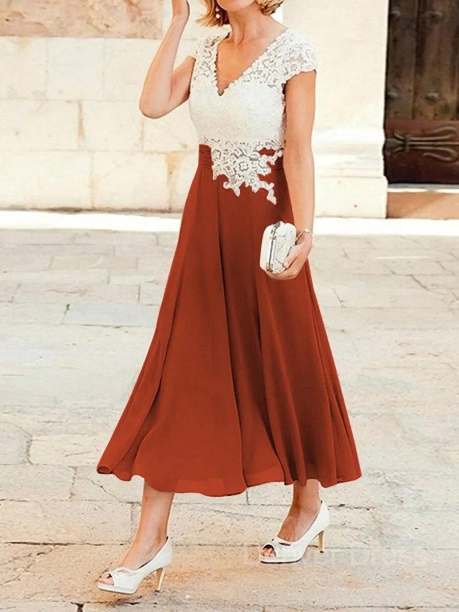 A-Line V-neck Tea-Length Chiffon Mother of the Bride Dresses With Lace Applique