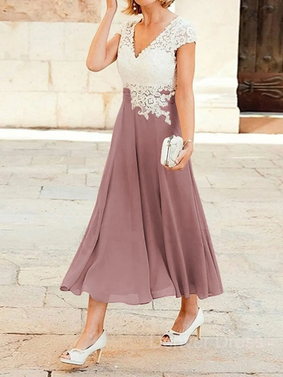 A-Line V-neck Tea-Length Chiffon Mother of the Bride Dresses With Lace Applique