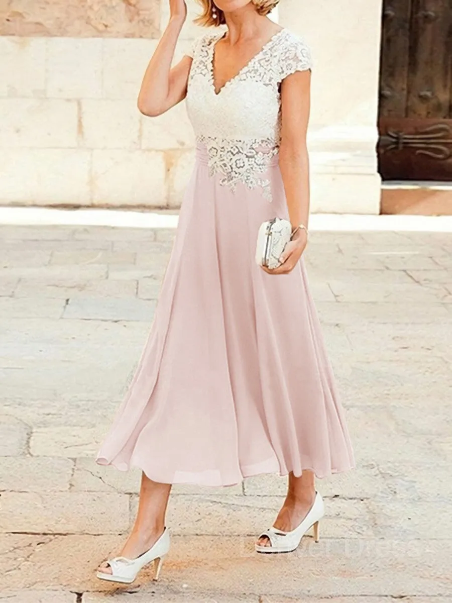 A-Line V-neck Tea-Length Chiffon Mother of the Bride Dresses With Lace Applique