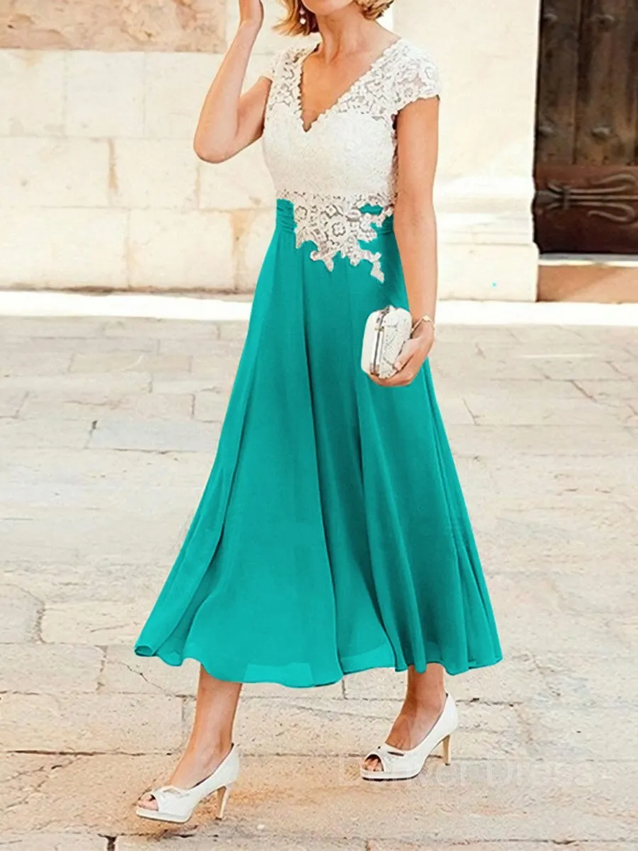 A-Line V-neck Tea-Length Chiffon Mother of the Bride Dresses With Lace Applique