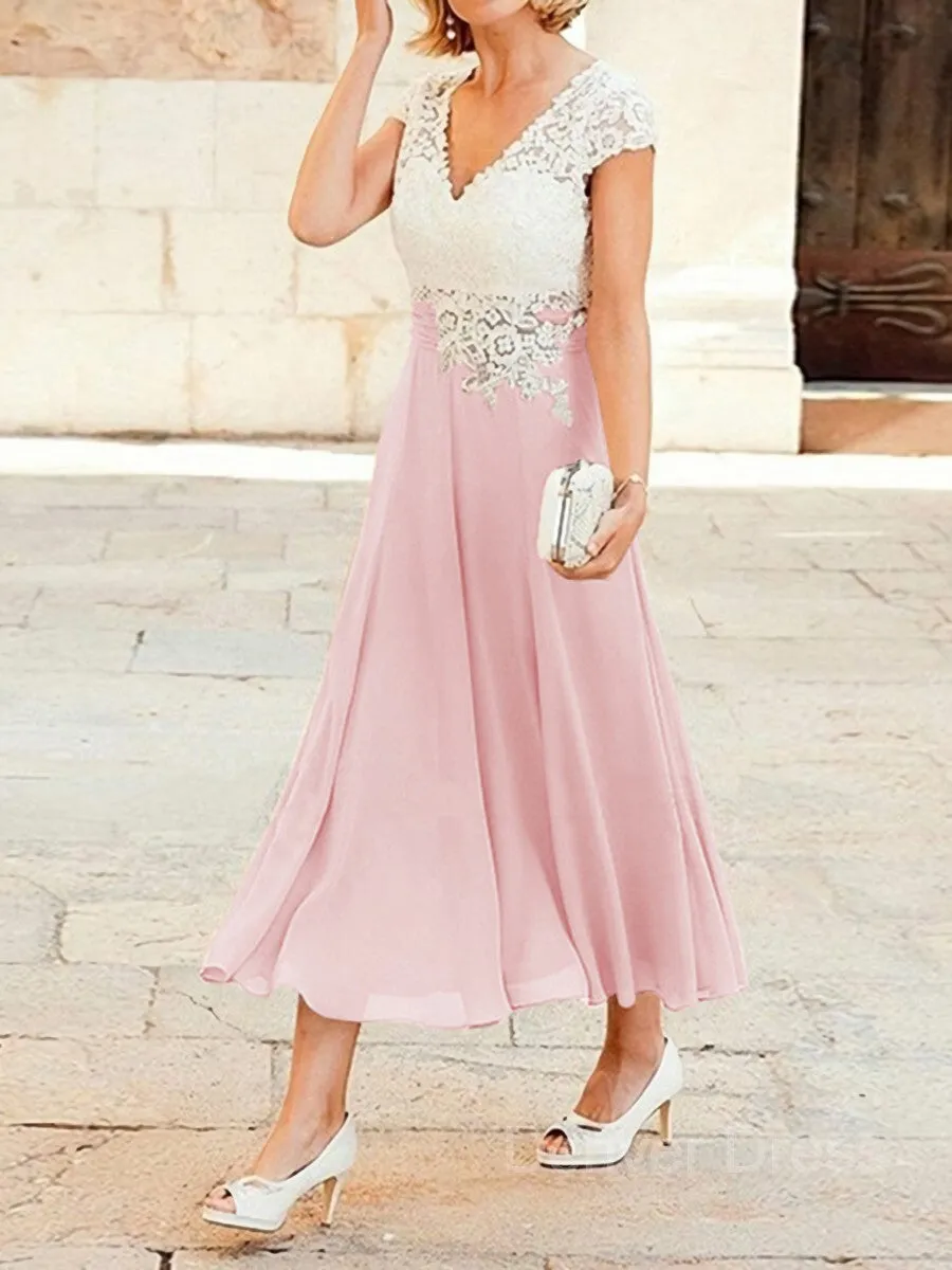 A-Line V-neck Tea-Length Chiffon Mother of the Bride Dresses With Lace Applique