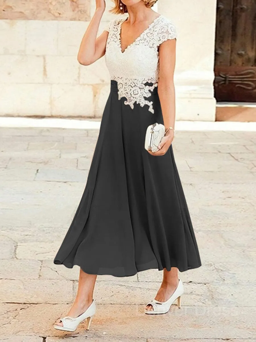 A-Line V-neck Tea-Length Chiffon Mother of the Bride Dresses With Lace Applique