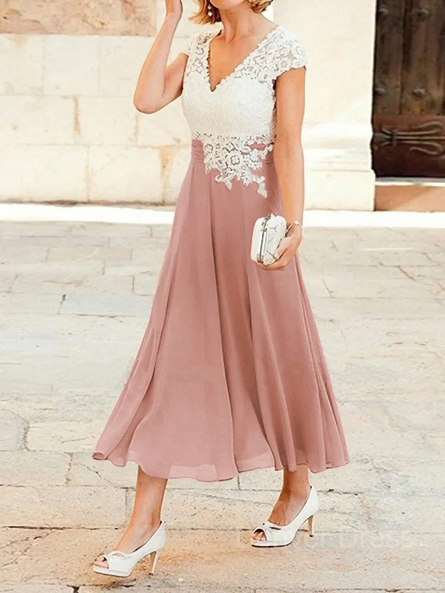 A-Line V-neck Tea-Length Chiffon Mother of the Bride Dresses With Lace Applique