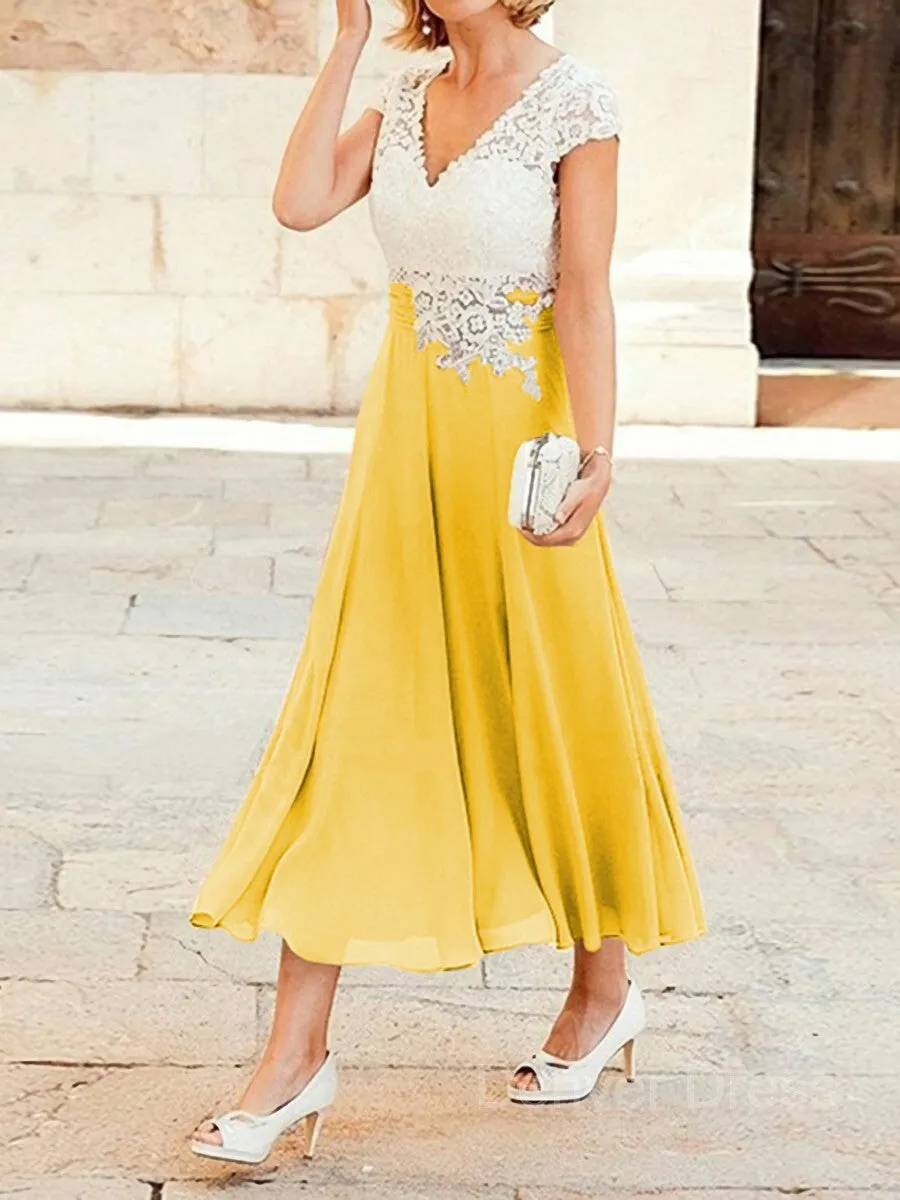 A-Line V-neck Tea-Length Chiffon Mother of the Bride Dresses With Lace Applique