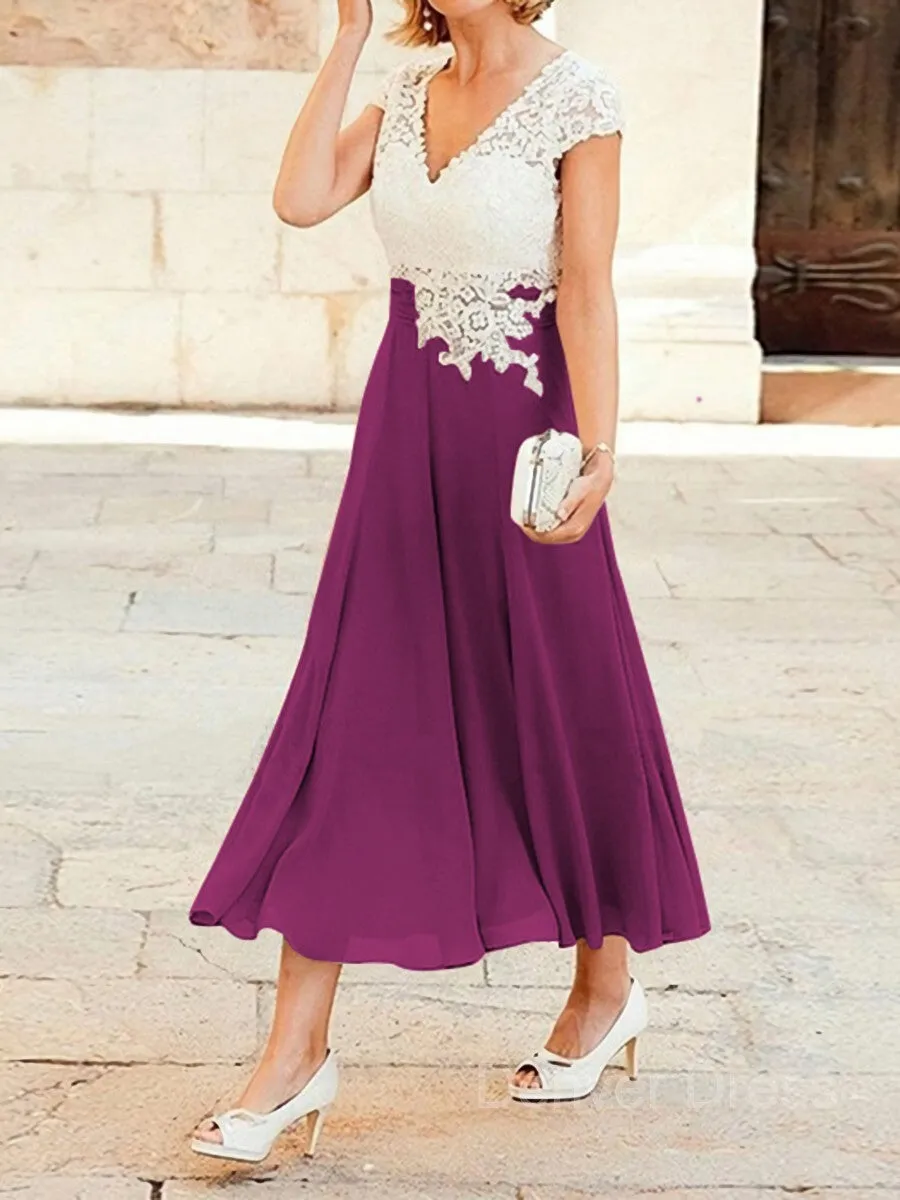 A-Line V-neck Tea-Length Chiffon Mother of the Bride Dresses With Lace Applique