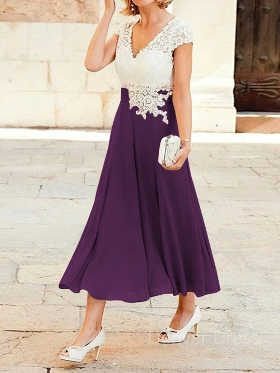 A-Line V-neck Tea-Length Chiffon Mother of the Bride Dresses With Lace Applique
