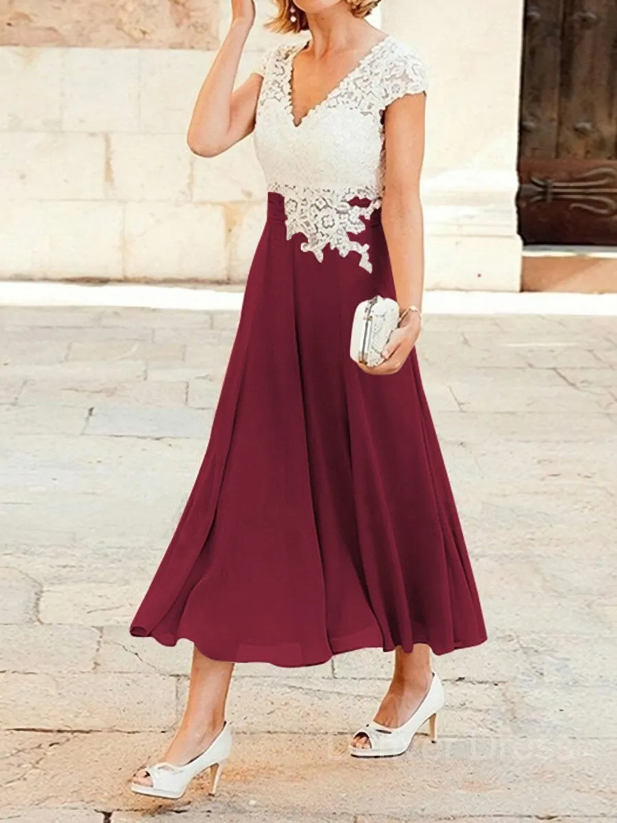 A-Line V-neck Tea-Length Chiffon Mother of the Bride Dresses With Lace Applique