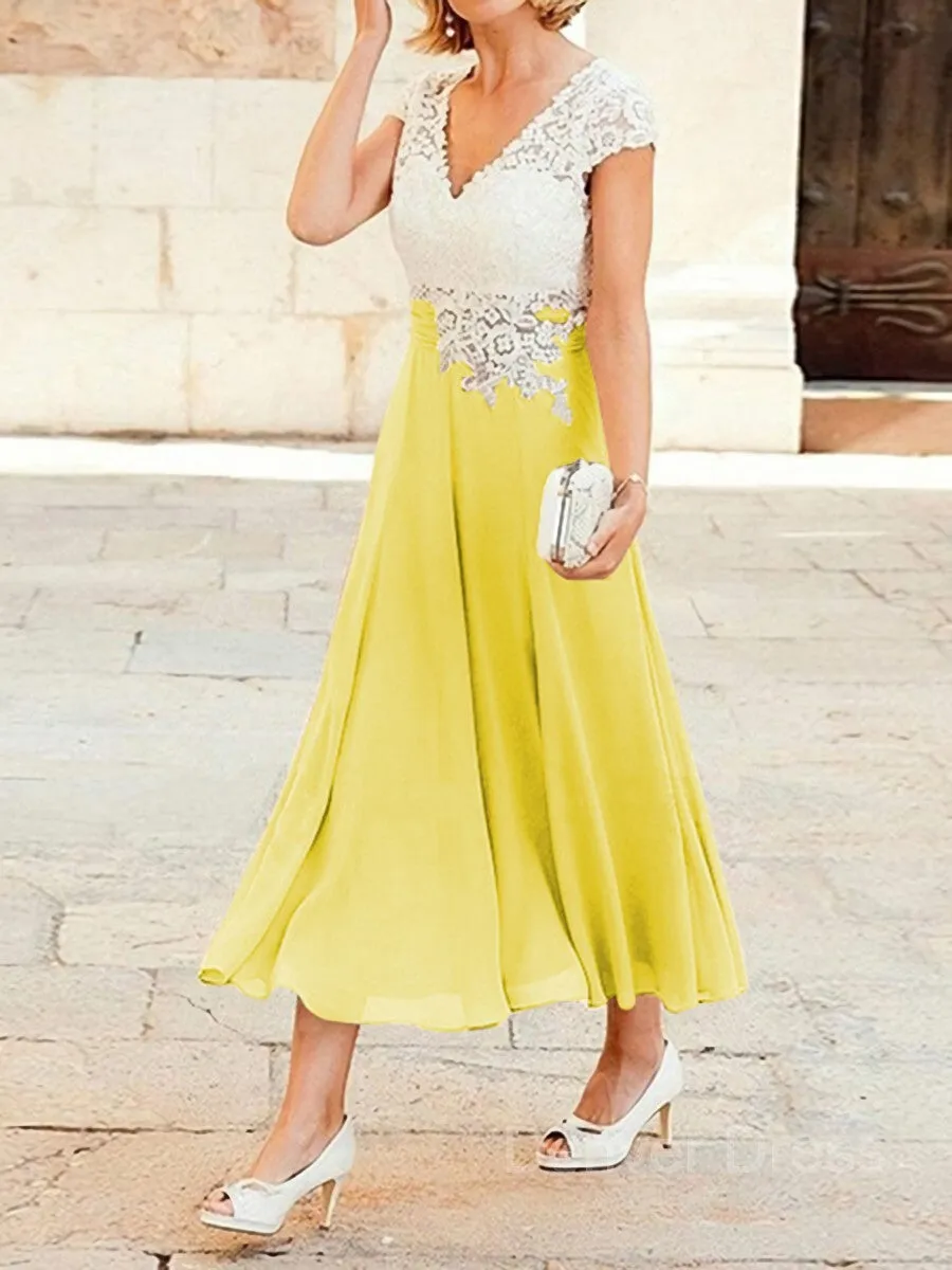 A-Line V-neck Tea-Length Chiffon Mother of the Bride Dresses With Lace Applique