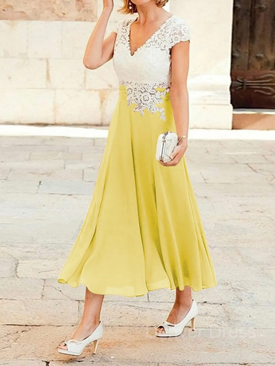 A-Line V-neck Tea-Length Chiffon Mother of the Bride Dresses With Lace Applique