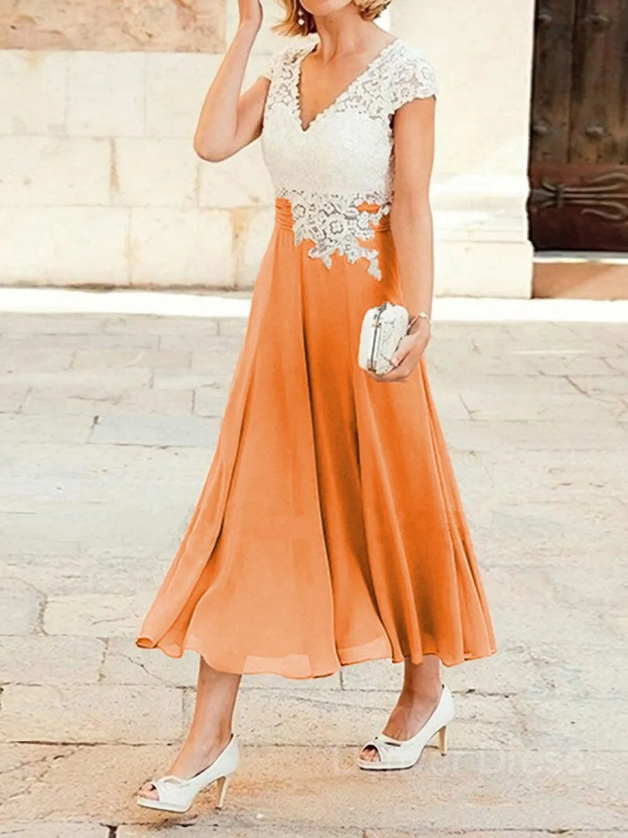 A-Line V-neck Tea-Length Chiffon Mother of the Bride Dresses With Lace Applique