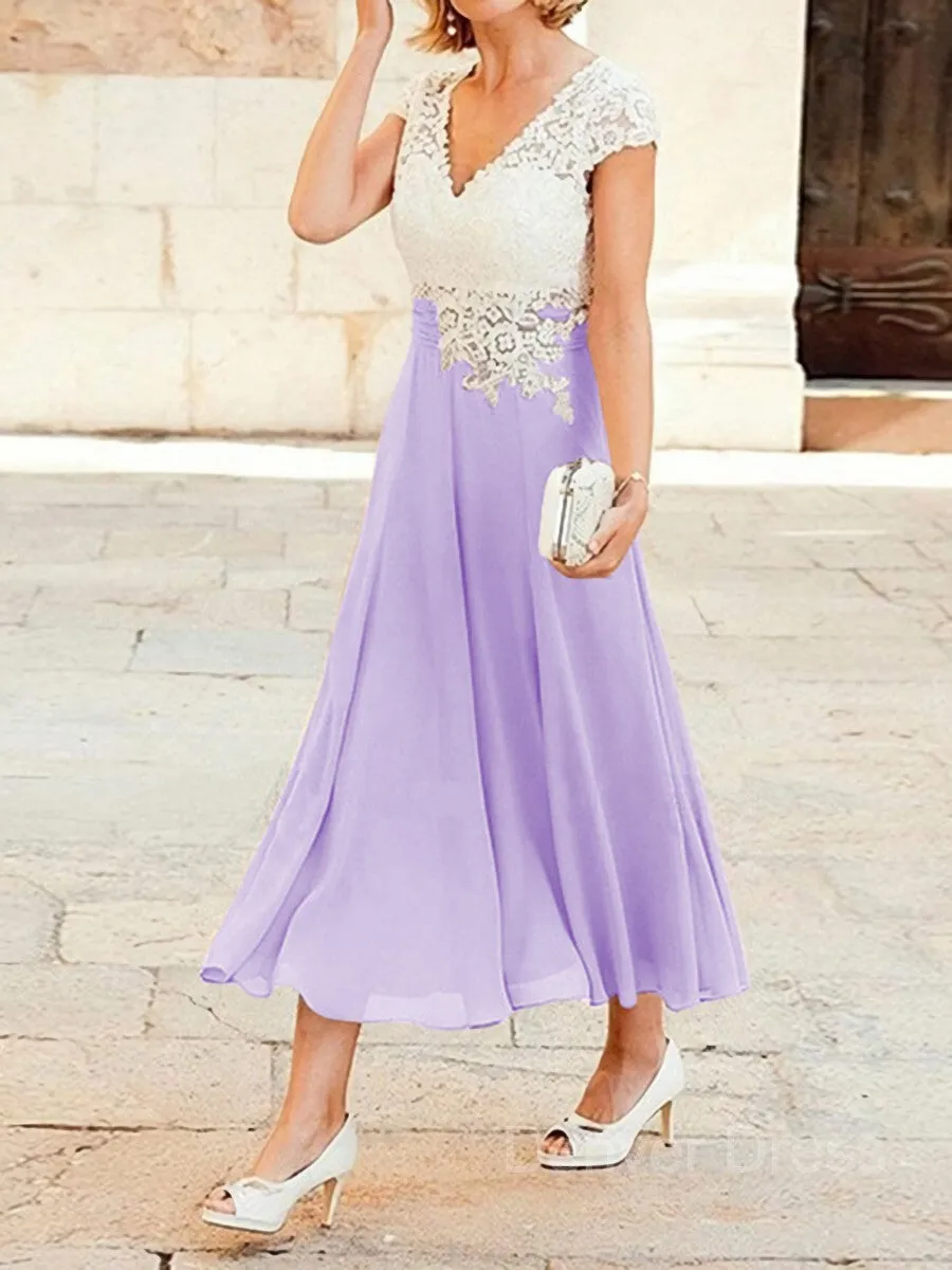 A-Line V-neck Tea-Length Chiffon Mother of the Bride Dresses With Lace Applique
