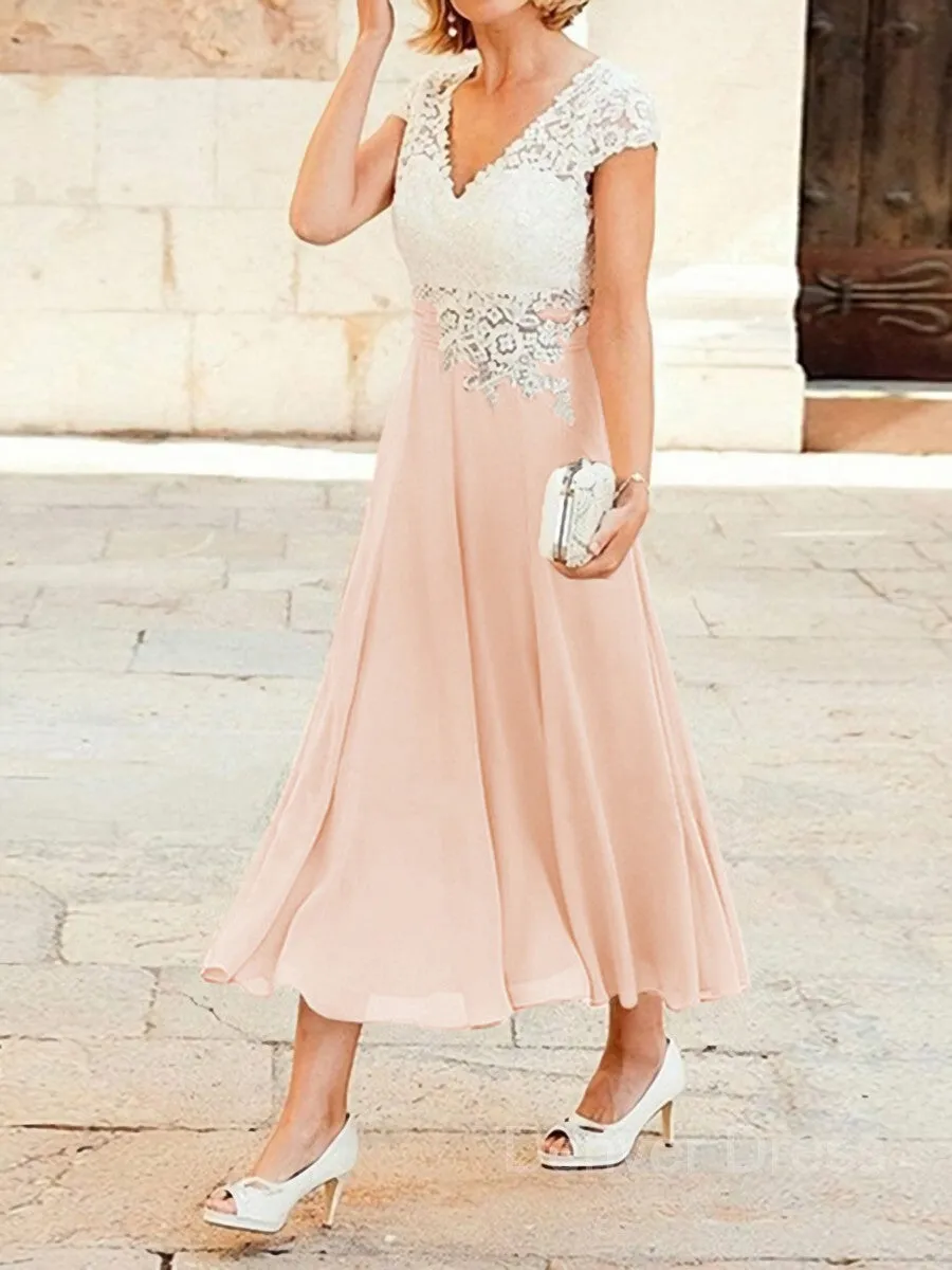 A-Line V-neck Tea-Length Chiffon Mother of the Bride Dresses With Lace Applique