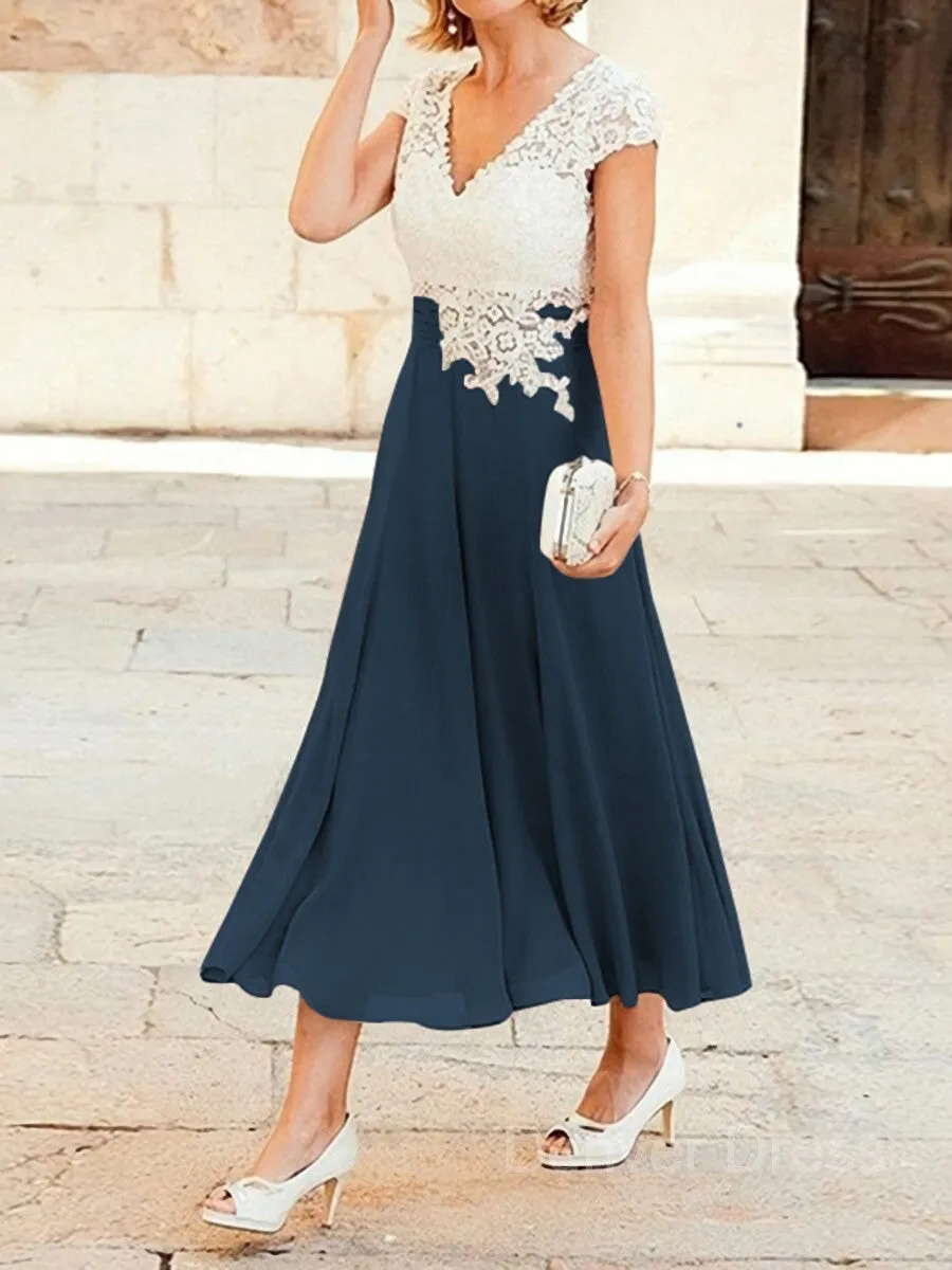 A-Line V-neck Tea-Length Chiffon Mother of the Bride Dresses With Lace Applique