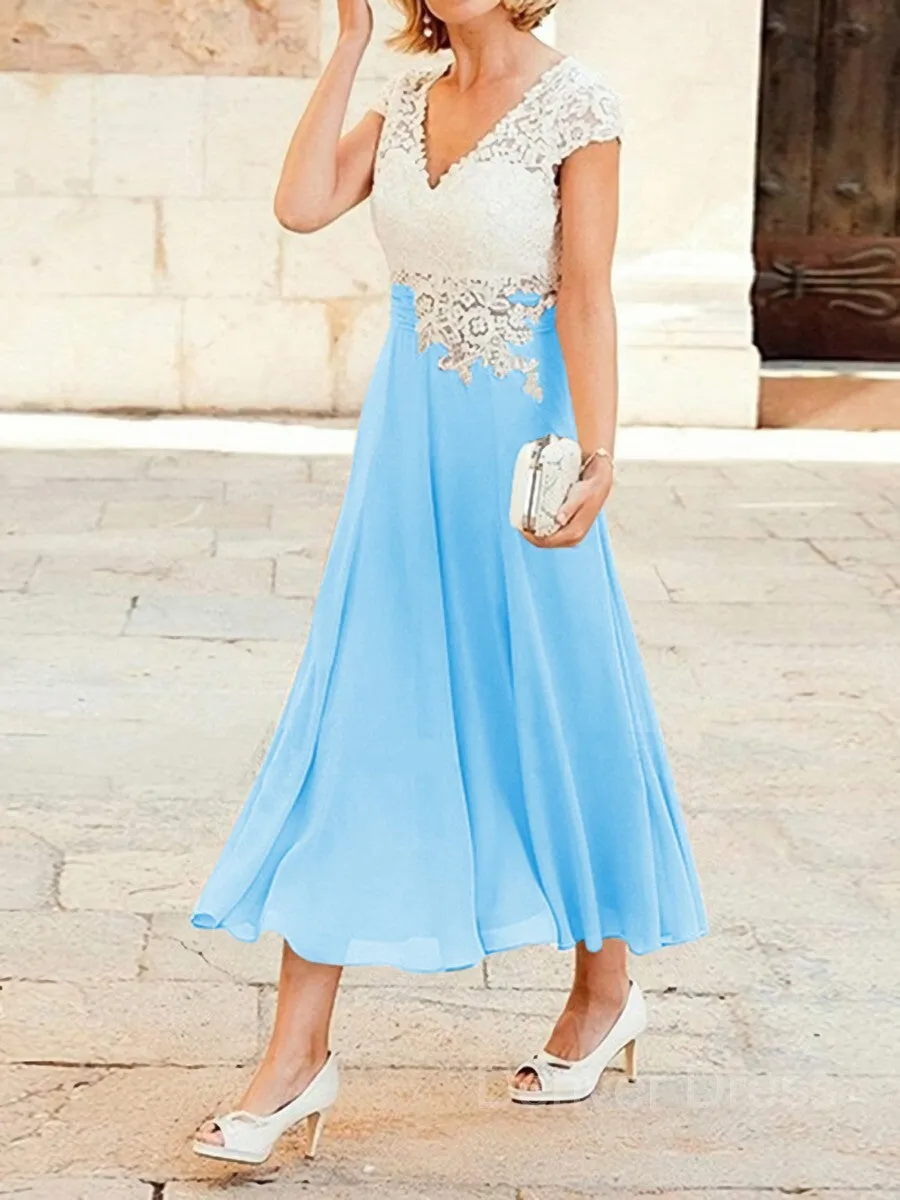 A-Line V-neck Tea-Length Chiffon Mother of the Bride Dresses With Lace Applique