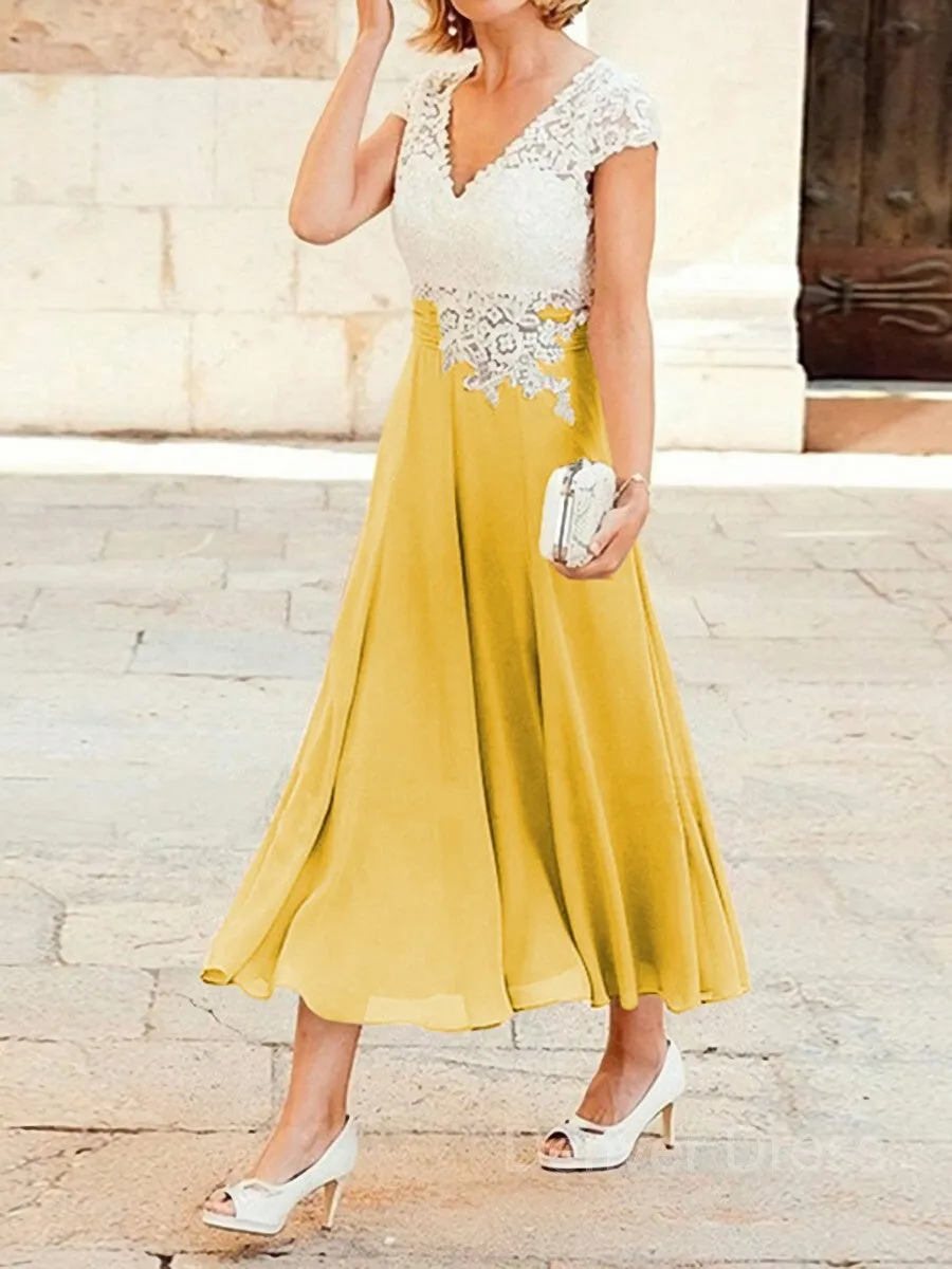 A-Line V-neck Tea-Length Chiffon Mother of the Bride Dresses With Lace Applique