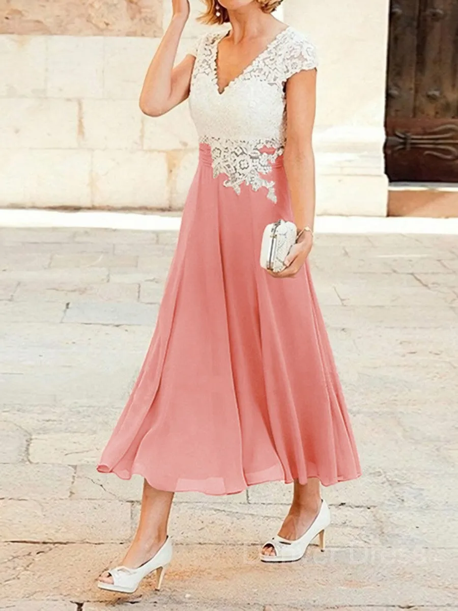 A-Line V-neck Tea-Length Chiffon Mother of the Bride Dresses With Lace Applique