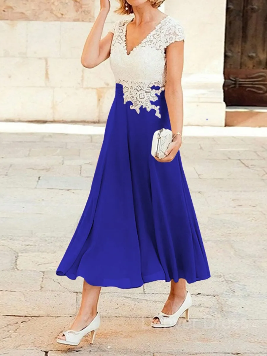 A-Line V-neck Tea-Length Chiffon Mother of the Bride Dresses With Lace Applique
