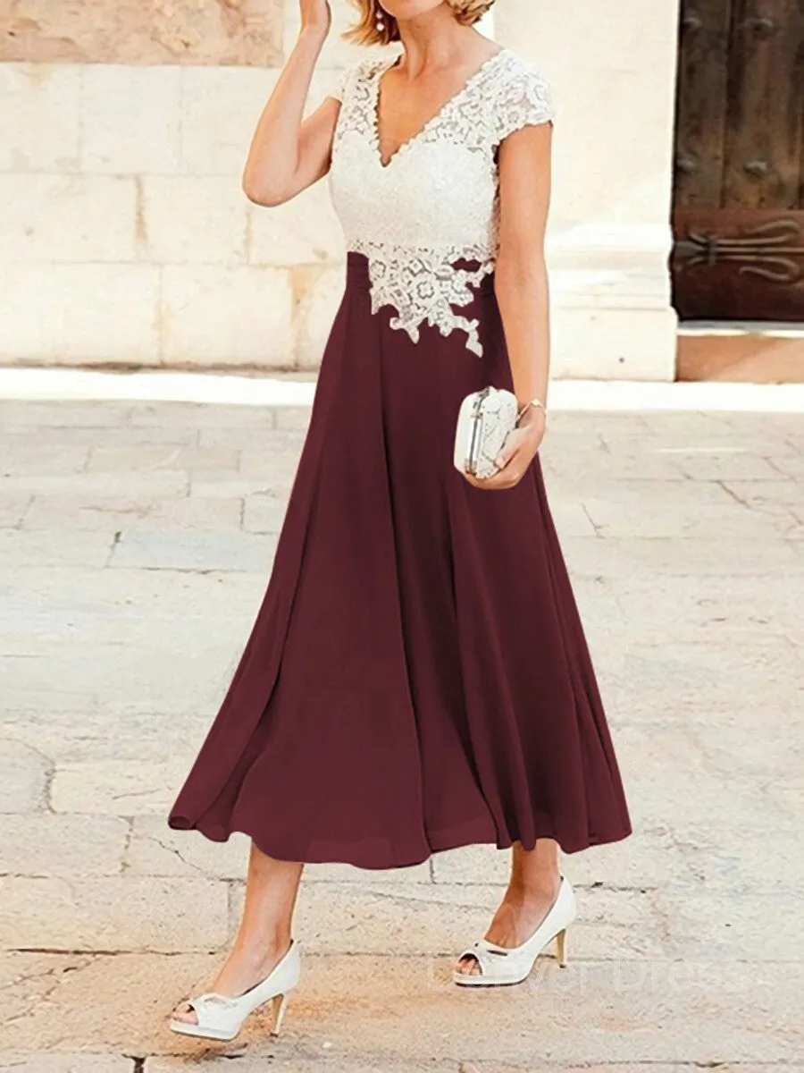 A-Line V-neck Tea-Length Chiffon Mother of the Bride Dresses With Lace Applique