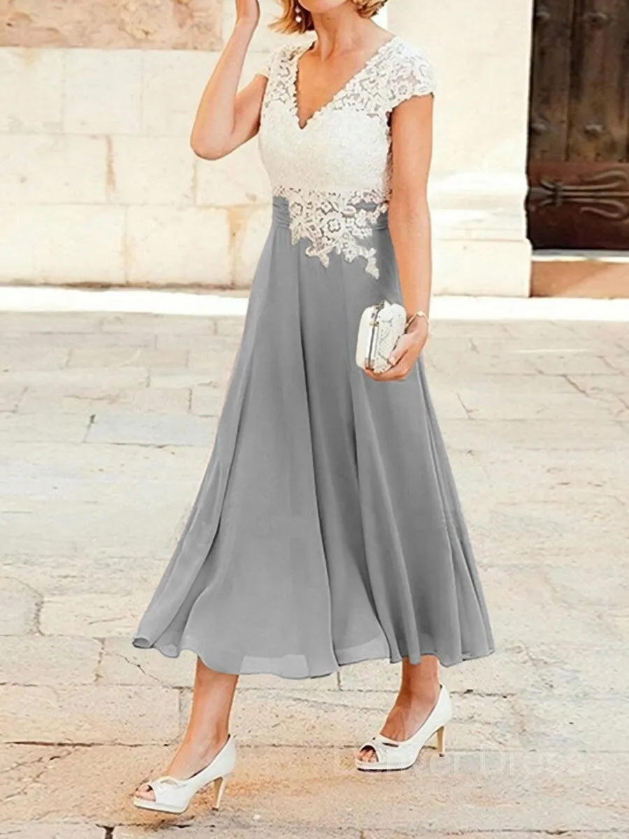 A-Line V-neck Tea-Length Chiffon Mother of the Bride Dresses With Lace Applique