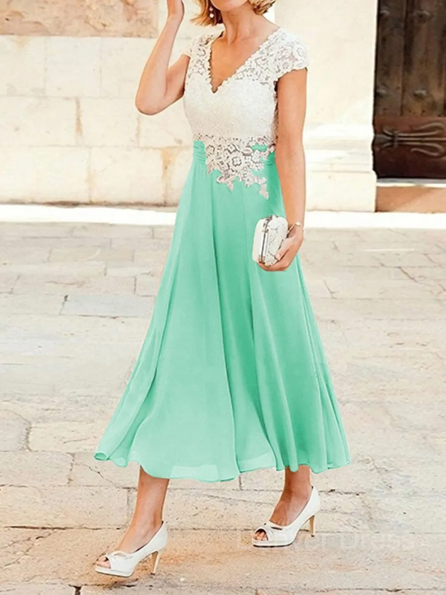A-Line V-neck Tea-Length Chiffon Mother of the Bride Dresses With Lace Applique