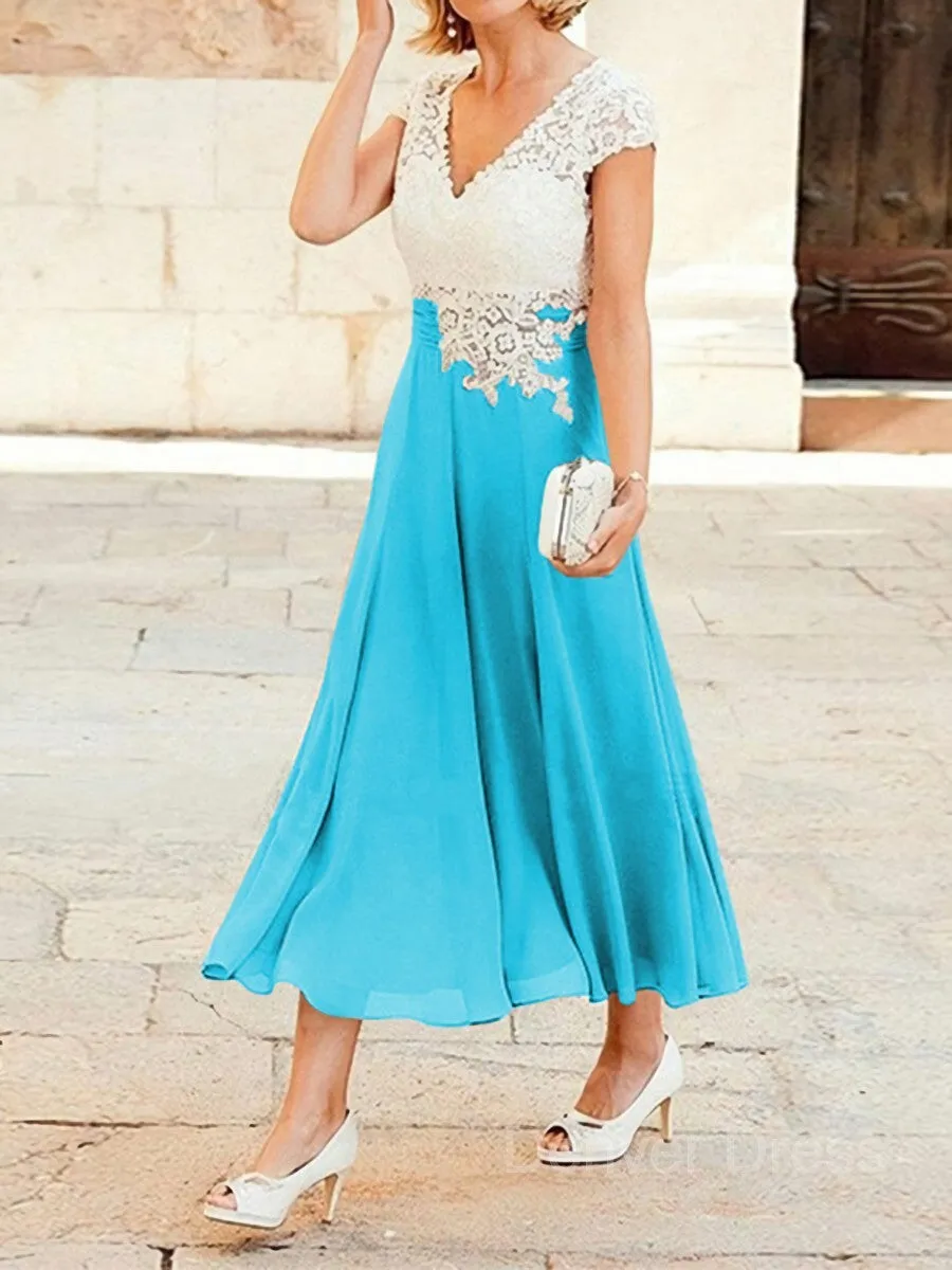 A-Line V-neck Tea-Length Chiffon Mother of the Bride Dresses With Lace Applique