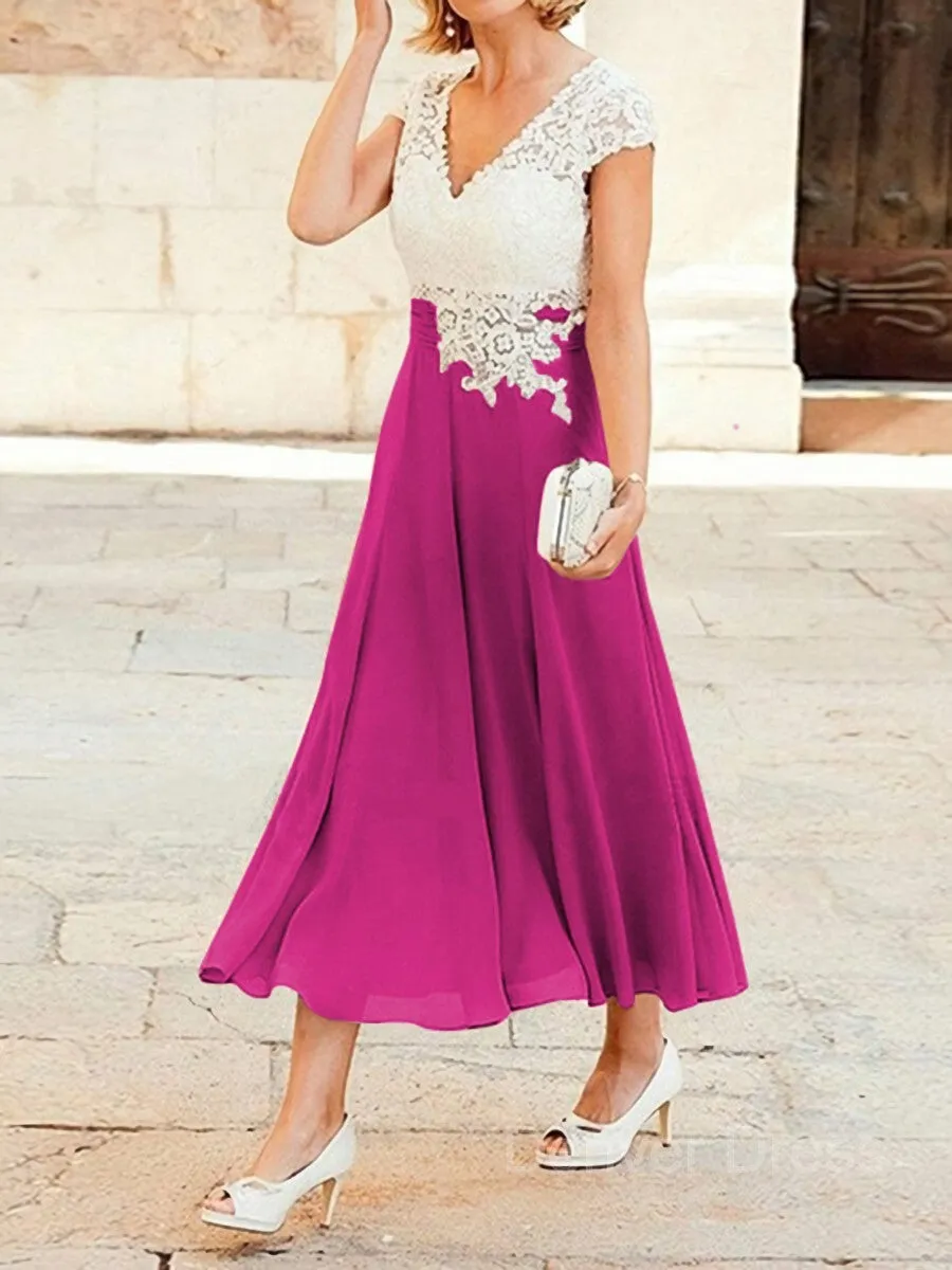 A-Line V-neck Tea-Length Chiffon Mother of the Bride Dresses With Lace Applique