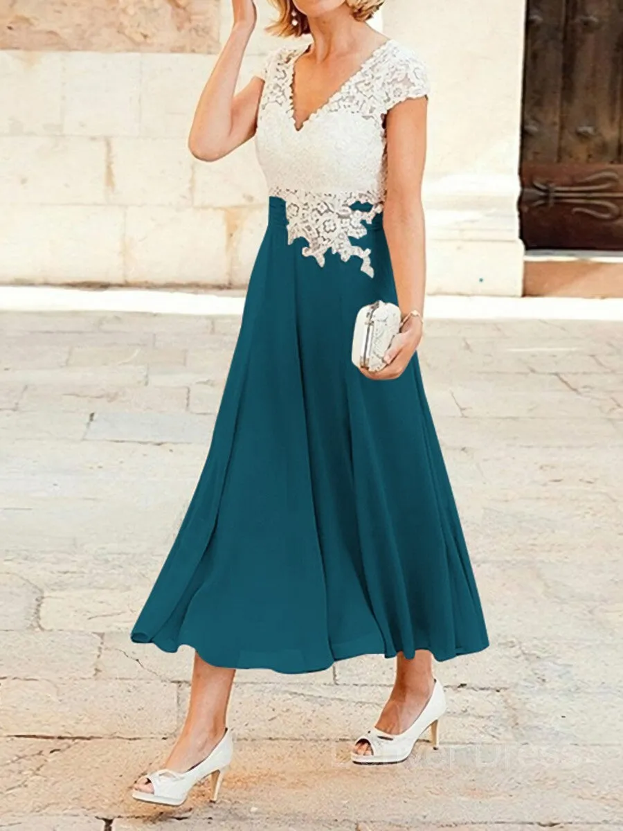 A-Line V-neck Tea-Length Chiffon Mother of the Bride Dresses With Lace Applique