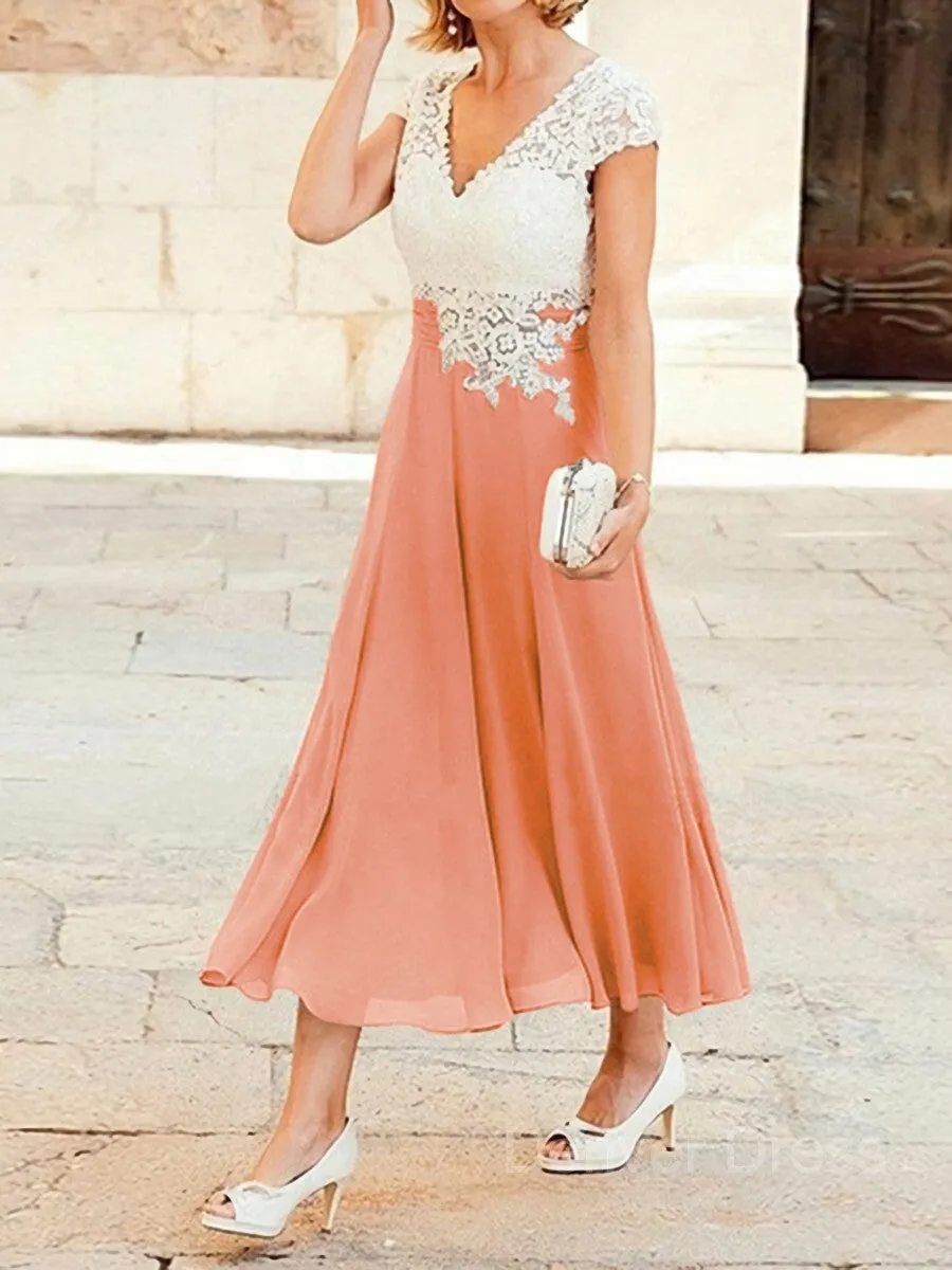 A-Line V-neck Tea-Length Chiffon Mother of the Bride Dresses With Lace Applique