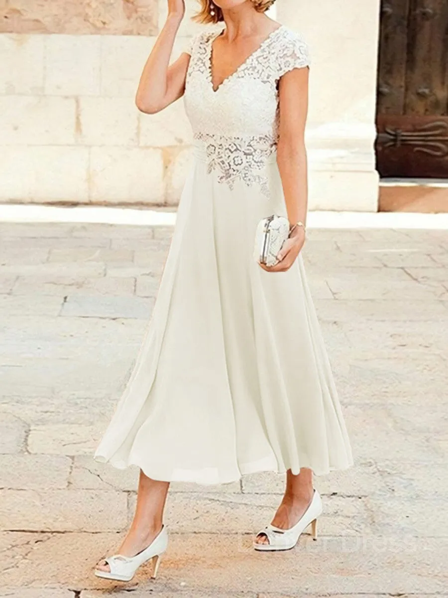 A-Line V-neck Tea-Length Chiffon Mother of the Bride Dresses With Lace Applique