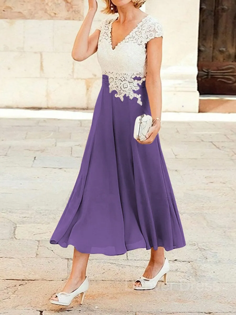 A-Line V-neck Tea-Length Chiffon Mother of the Bride Dresses With Lace Applique