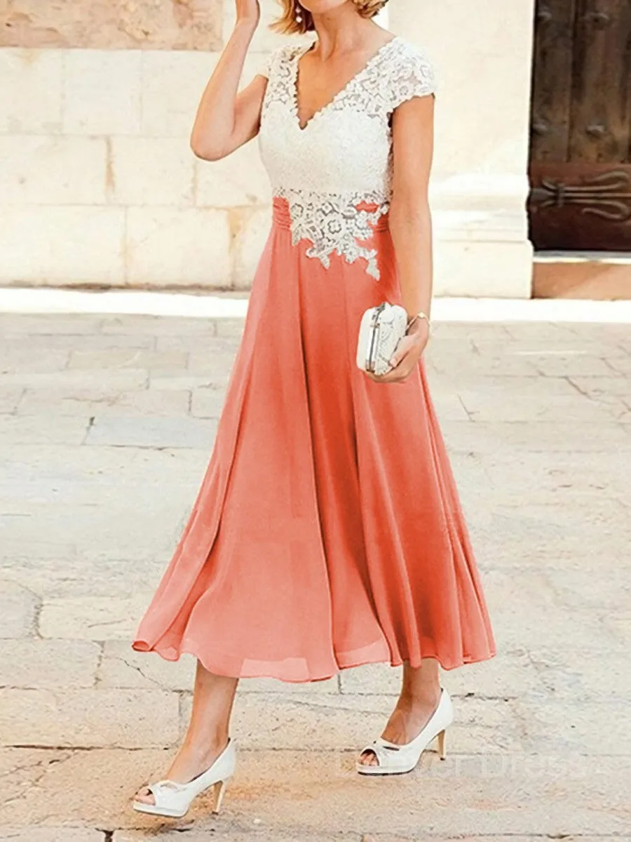 A-Line V-neck Tea-Length Chiffon Mother of the Bride Dresses With Lace Applique