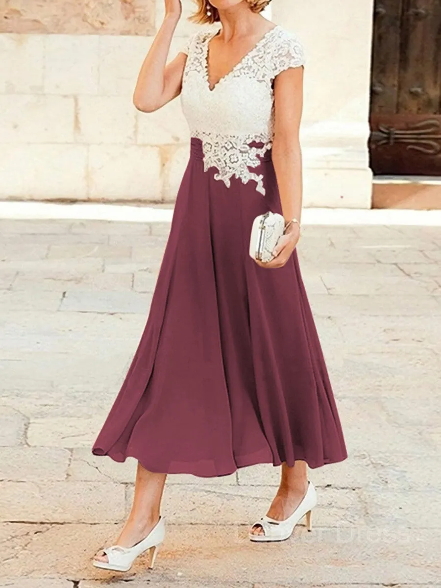 A-Line V-neck Tea-Length Chiffon Mother of the Bride Dresses With Lace Applique