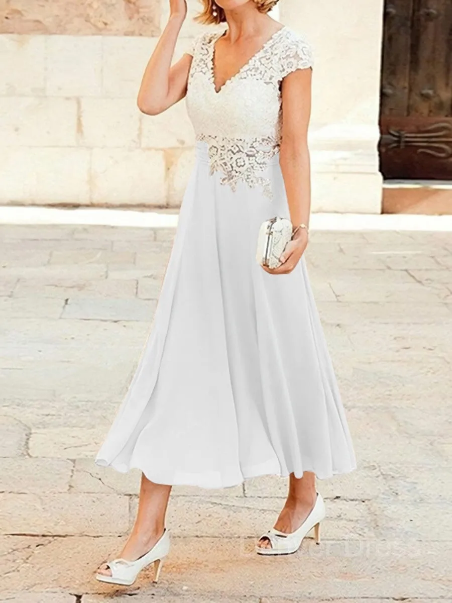 A-Line V-neck Tea-Length Chiffon Mother of the Bride Dresses With Lace Applique