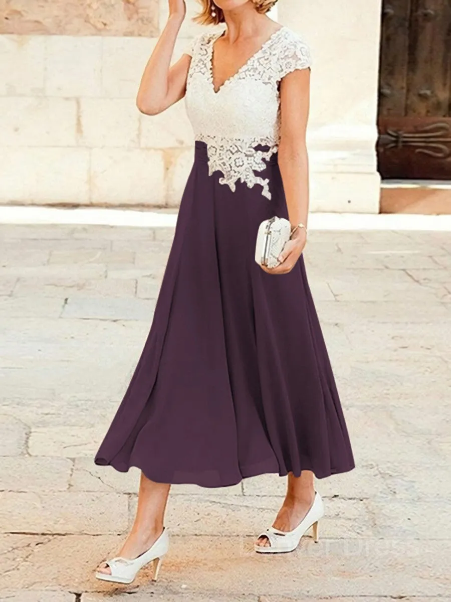A-Line V-neck Tea-Length Chiffon Mother of the Bride Dresses With Lace Applique