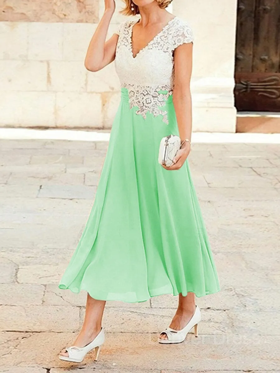 A-Line V-neck Tea-Length Chiffon Mother of the Bride Dresses With Lace Applique