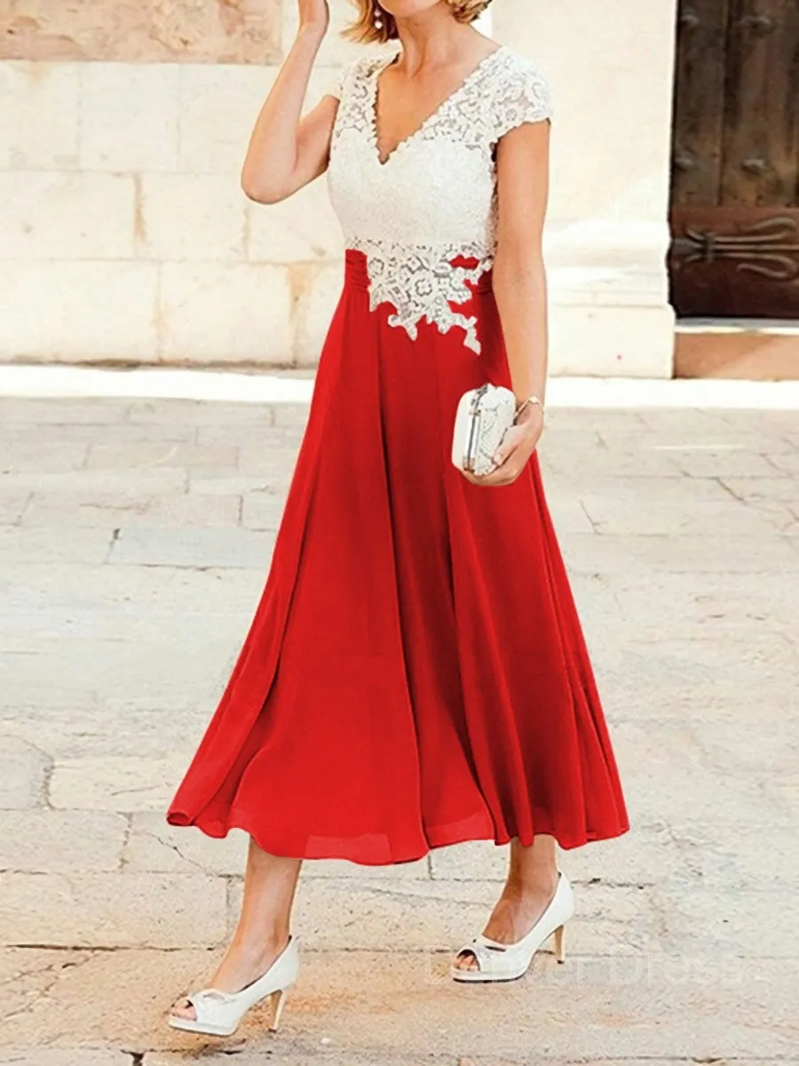 A-Line V-neck Tea-Length Chiffon Mother of the Bride Dresses With Lace Applique